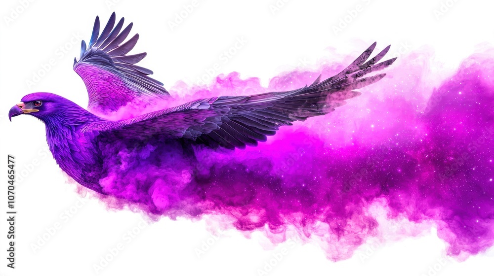 Obraz premium Vibrant purple eagle soaring through colorful smoke on a white isolated background.