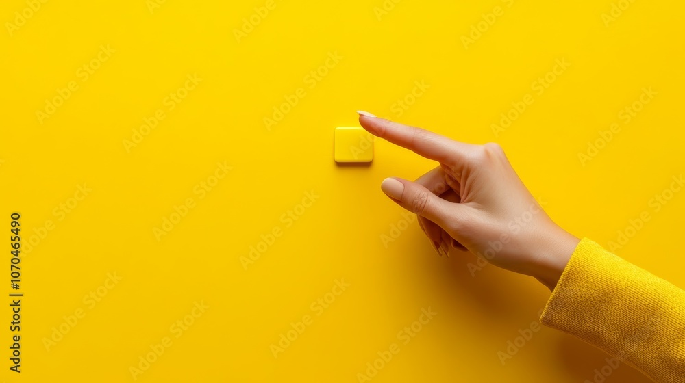 A hand points at a yellow square on a yellow background. A hand points at a yellow square on a yellow background.