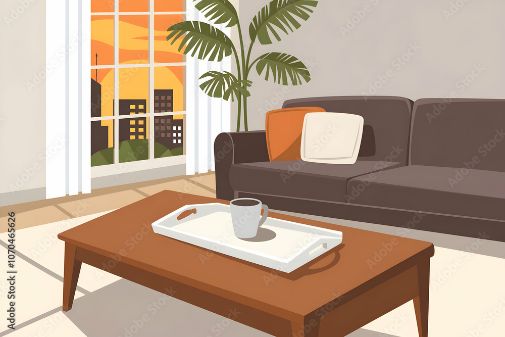 Fototapeta premium Cozy living room, golden hour, coffee table, gray sofa, cityscape view invites relaxation