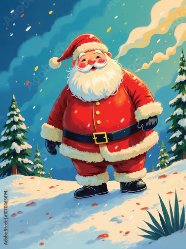 cheerful  santa claus illustration card in vibrant costume, snowy christmas scene, festive winter atmosphere