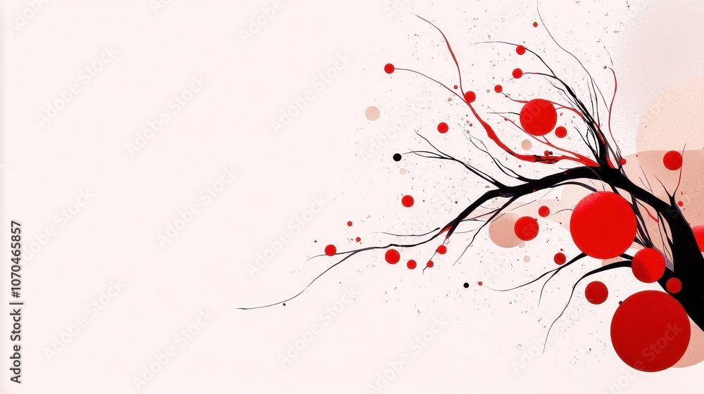 Abstract design with black branches and red circles on a pale background. Abstract design with black branches and red circles on a pale background.