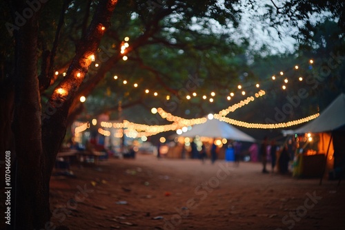 Evening market buzzing with life and illuminated by string lights in a vibrant outdoor setting during a bustling night event