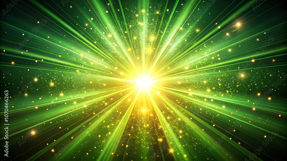 Obraz premium Luminous green burst of radiant light with sparks and rays for festive design , abstract light background