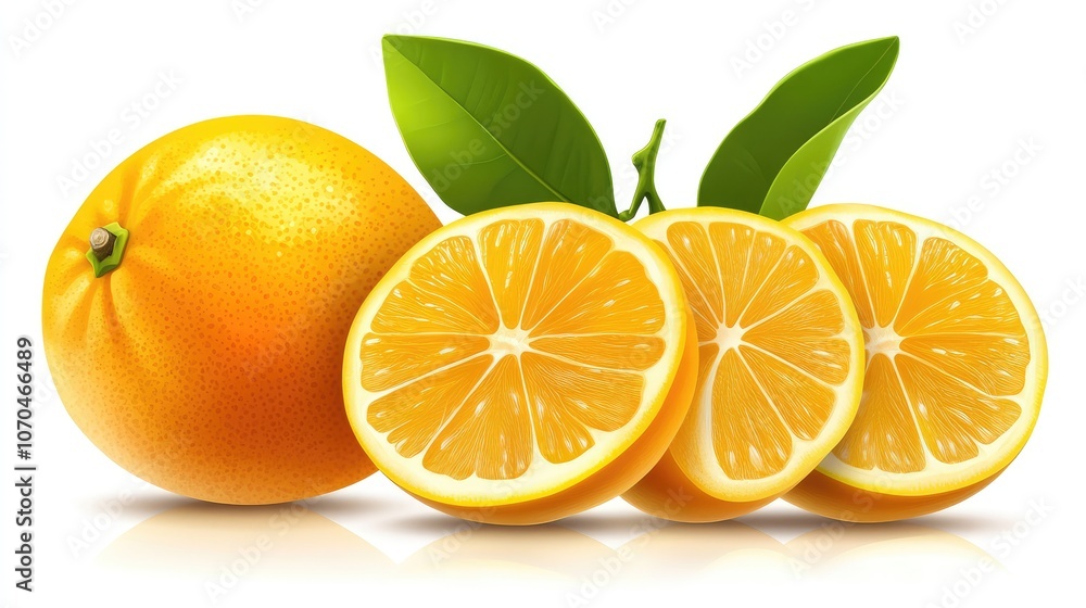 Fresh Orange with Slices and Green Leaves Fresh Orange with Slices and Green Leaves