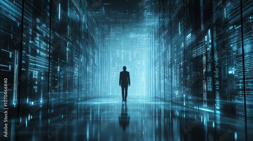 A lone figure walks through a digital tunnel, surrounded by glowing code. A lone figure walks through a digital tunnel, surrounded by glowing code.