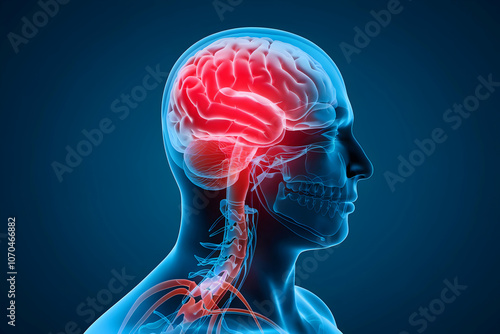 Transparent head and neck, red brain, spinal cord against deep blue background