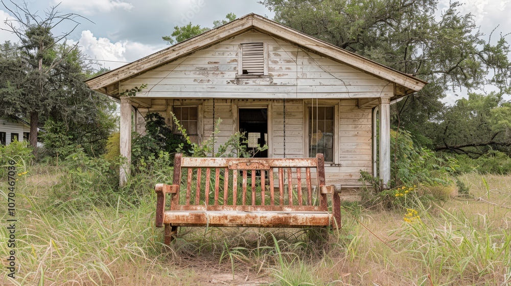 A weathered house stands amidst overgrown grass, featuring a rustic bench in front, evoking a sense of nostalgia and abandonment. A weathered house stands amidst overgrown grass, featuring a rustic bench in front, evoking a sense of nostalgia and abandonment.