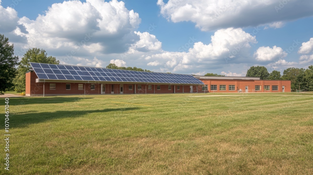 A long, low brick building with solar panels on the roof sits on a grassy field against a blue sky with white clouds. A long, low brick building with solar panels on the roof sits on a grassy field against a blue sky with white clouds.