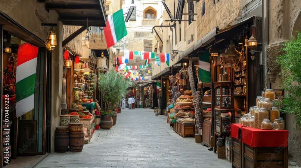 Naklejka premium Old Dubai souk with spices, crafts, and heritage items. Copy space