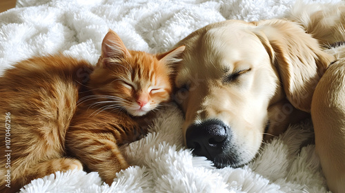 Cat and dog napping together on a blanket. photo