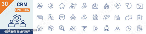 Customer Relationship Management line icon set. Set of 30 outline icons related to CRM, marketing, strategy, report, data, manager, audience and others. Editable stroke. Vector illustration.