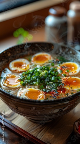 A bowl of steaming ramen stands on a table in a Japanese cafe .