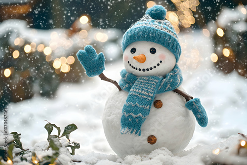 Smiling snowman waving in winter wonderland. photo