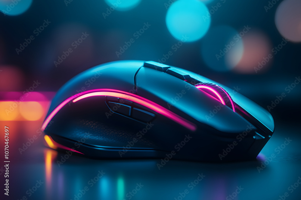 Gaming mouse with RGB lighting on a desk with blurred lights in the background. Gaming mouse with RGB lighting on a desk with blurred lights in the background.