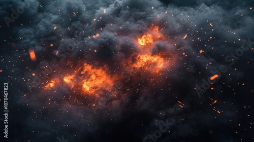 An explosion of smoke and fire with orange sparks against a dark sky background.