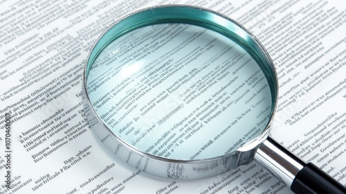 A magnifying glass sits on a page of text, focusing on the details.