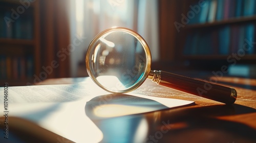 A magnifying glass rests on a sheet of paper in a sunlit library.