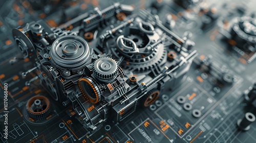 A mechanical device with many gears and bolts. The image is a close up of the gears and bolts, with the focus on the intricate details of the machine. Scene is one of complexity and precision