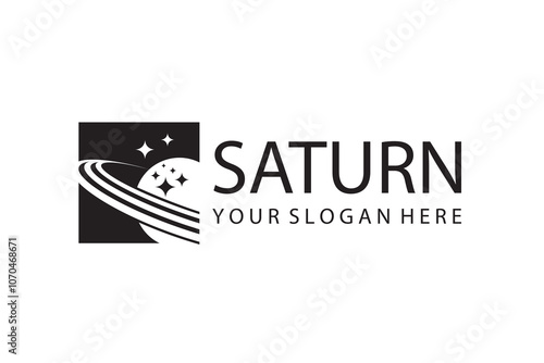 monochrome design of planet saturn with stars isolated on white background