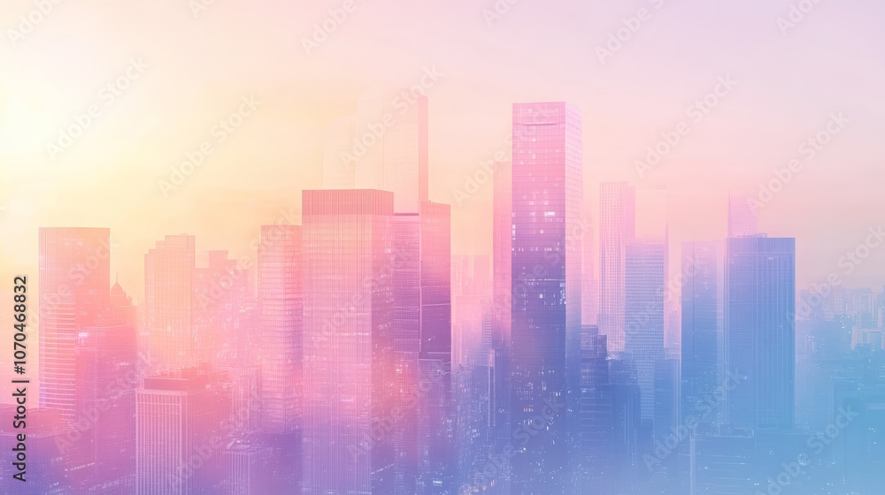 A misty cityscape skyline with a soft, warm light filtering through the clouds. A misty cityscape skyline with a soft, warm light filtering through the clouds.