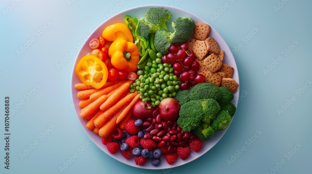 Healthy Lifestyle. Harvard Healthy Eating Plate. balanced meal on pastel background, showcasing different food items arranged in the shape of pie chart to represent whole plant-based eating patterns. Healthy Lifestyle. Harvard Healthy Eating Plate. balanced meal on pastel background, showcasing different food items arranged in the shape of pie chart to represent whole plant-based eating patterns.