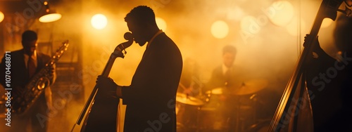 A jazz band performing in a smoky jazz club, captured in a medium shot.