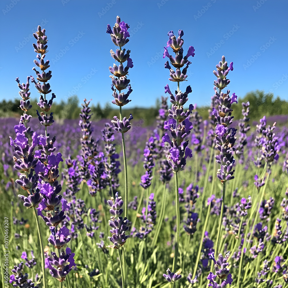 Obraz premium A beautiful field of blooming lavender flowers under a bright blue sky, creating a calming and aromatic landscape