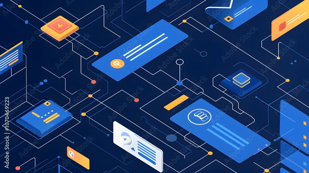 A blue and yellow image of a computer network with many different icons ...