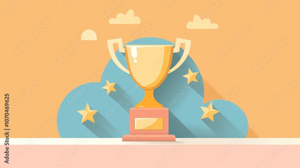 Golden trophy with stars and clouds: success and achievement concept in flat design Golden trophy with stars and clouds: success and achievement concept in flat design