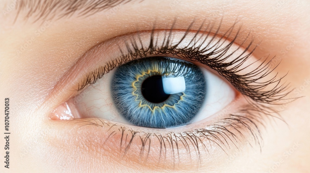 Obraz premium Caucasian human eye captures intricate details with a focus on the iris and pupil, providing ample copy space for text integration and creative use.