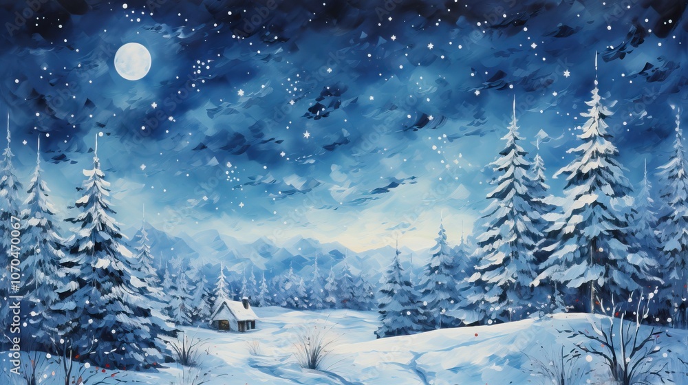 A serene winter landscape features snow-covered trees, a cozy cabin, and a bright moonlit sky with soft falling snowflakes. A serene winter landscape features snow-covered trees, a cozy cabin, and a bright moonlit sky with soft falling snowflakes.