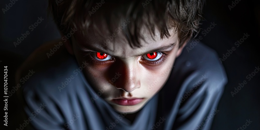A boy with red eyes, dressed casually, looks directly at the camera. His expression conveys a sense of toxicity, creating a striking portrait full of emotion. A boy with red eyes, dressed casually, looks directly at the camera. His expression conveys a sense of toxicity, creating a striking portrait full of emotion.