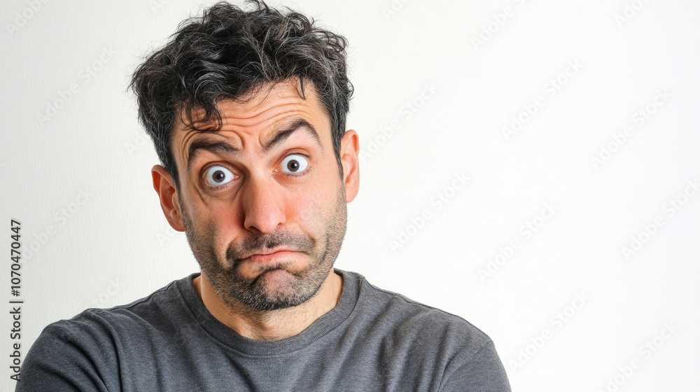 Portrait of a bored, disappointed, and annoyed man with a tired expression, communicating a sense of confusion and frustration, against a white background with ample copy space. Portrait of a bored, disappointed, and annoyed man with a tired expression, communicating a sense of confusion and frustration, against a white background with ample copy space.