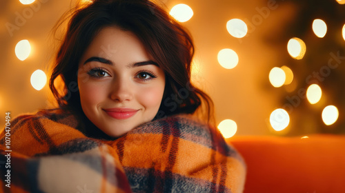 Wallpaper Mural Cozy Christmas evening by the fireplace, woman wrapped in plaid blanket, soft lights glowing, festive atmosphere, warmth and celebration, inviting ambiance Torontodigital.ca