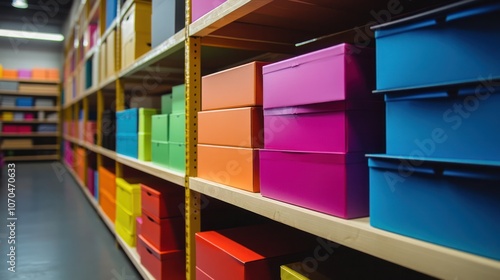 Warehouse shelves filled with colorful boxes, neatly organized and ready for fast retrieval and shipping photo