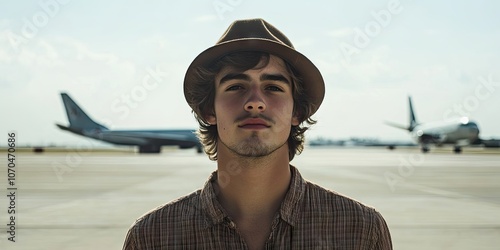 A young man is sporting a hat while standing in front of a runway, where planes are visible in the background. The hat and the planes on the runway are notable features here. photo