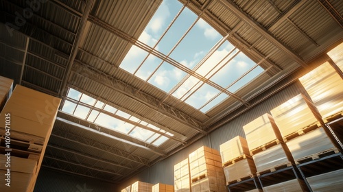 Well-lit warehouse with skylights enhancing the visibility of stock and creating a comfortable work environment