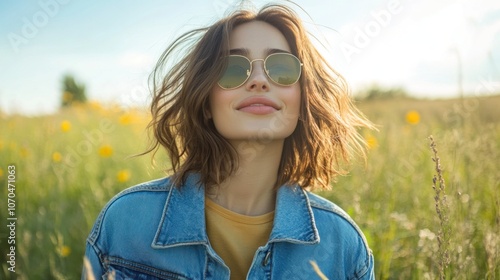 Young woman in denim jacket enjoying a sunny day in a wildflower field photo