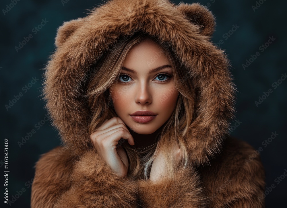 Beautiful woman in a brown fur coat with a hood, posing against a dark background. Beautiful woman in a brown fur coat with a hood, posing against a dark background.