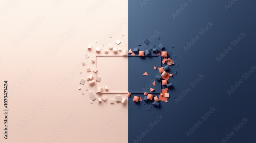 Fototapeta premium Minimalist background showing a contrast between order and chaos: one side perfectly aligned, the other side chaotic.