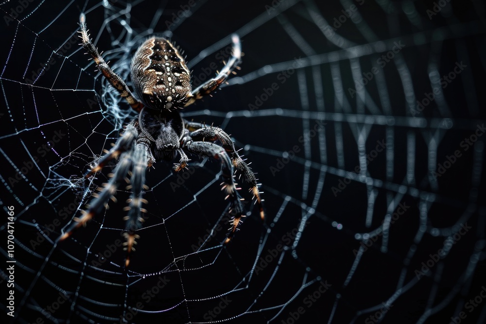Close-up of a spider on its web in low light Close-up of a spider on its web in low light