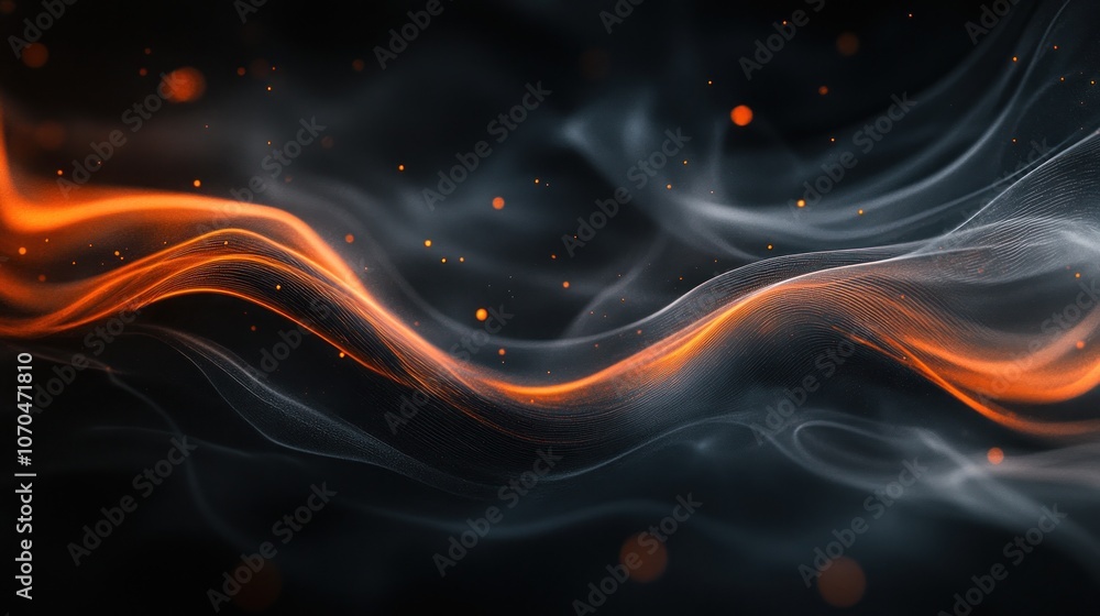 Fototapeta premium Abstract orange and white smoke waves with glowing particles on black background.
