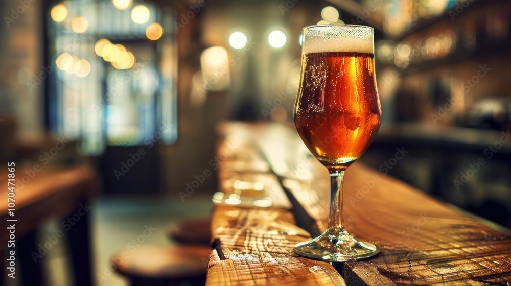 Golden craft beer on rustic wood bar counter in cozy pub ambiance Golden craft beer on rustic wood bar counter in cozy pub ambiance