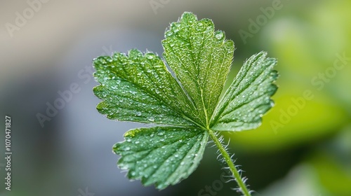 Close-up of a green leaf with dew drops.