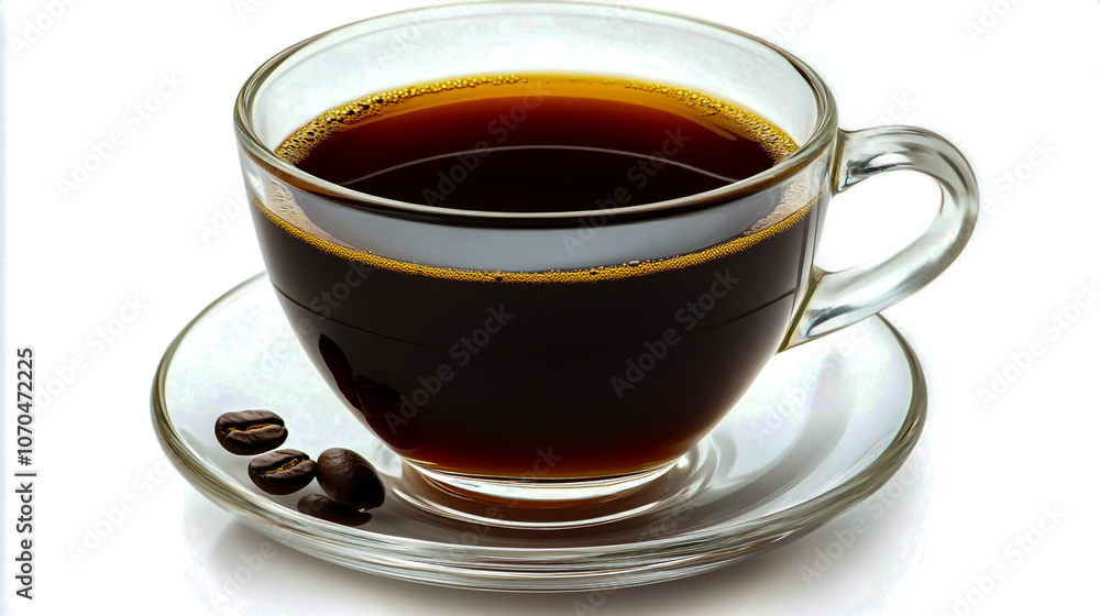 A glass cup of espresso coffee, isolated on a white background. A glass cup of espresso coffee, isolated on a white background.