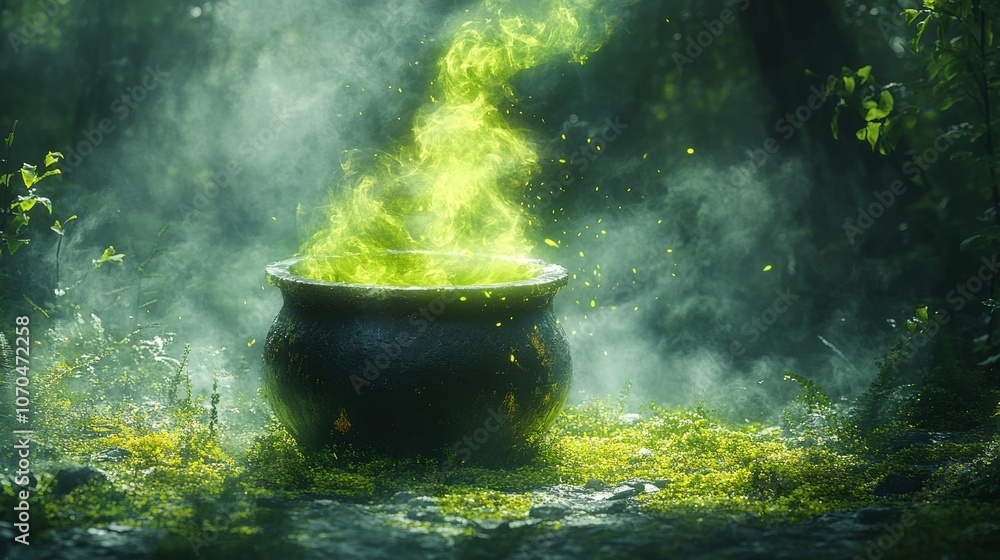 Witch's cauldron brewing green magic potion in a spooky forest Witch's cauldron brewing green magic potion in a spooky forest