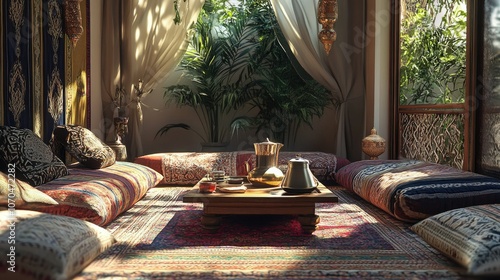 Fototapeta Naklejka Na Ścianę i Meble -  A traditional Majlis setup with floor cushions and coffee pot. Copy space