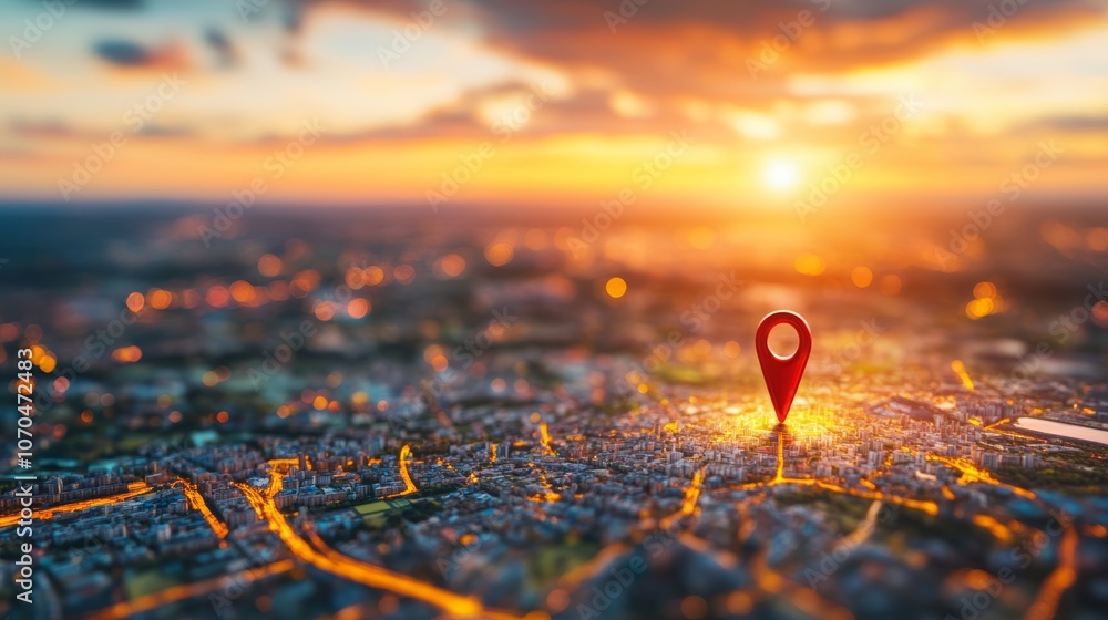 A red pin on a city map with a blurred background of a city skyline and sunset. A red pin on a city map with a blurred background of a city skyline and sunset.