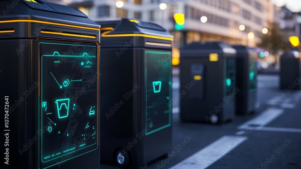 Smart Waste Management System featuring IoT sensors on bins for optimizing collection routes based on fill levels, enhancing efficiency in urban waste disposal. Smart Waste Management System featuring IoT sensors on bins for optimizing collection routes based on fill levels, enhancing efficiency in urban waste disposal.