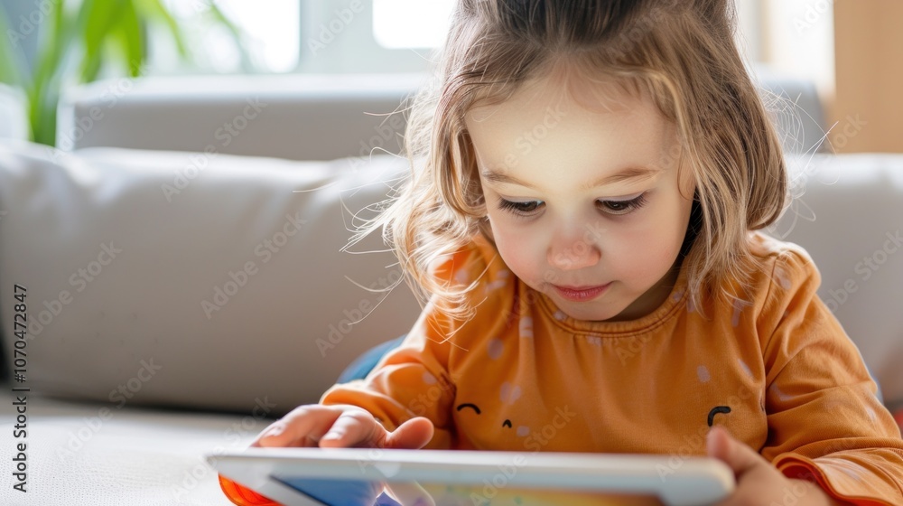 Young child engaged with tablet at home in bright natural light Young child engaged with tablet at home in bright natural light